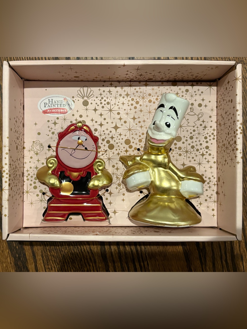 Disney Hand-Painted Ceramic Salt and Pepper Shakers- Cogsworth Clock & Lumiere